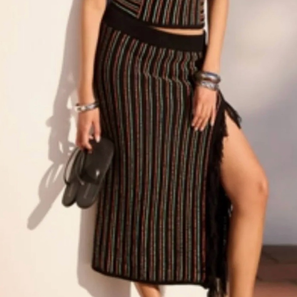 Anthropologie Celandine Black Motif Fringe Skirt